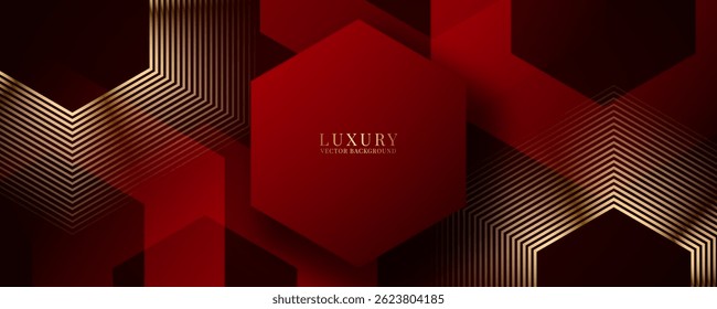 3D red luxury abstract background overlap layer on dark space with golden hexagons lines decoration. Modern graphic design element cutout shape style concept for web, flyer, card or brochure cover