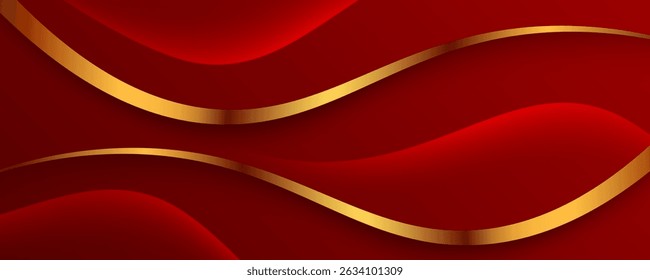 Capa de superposición de fondo abstracto de lujo rojo 3D en el espacio oscuro con decoración de efecto de líneas doradas. Concepto moderno del estilo del recorte de las ondas del elemento del Diseño gráfico para el Web, el arte, el volante, la tarjeta, o la cubierta del folleto