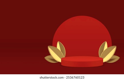 3d red luxury podium with golden leaves for presentation realistic vector illustration. Elegant cylinder pedestal with round wall background showcase display for premium product show advertising