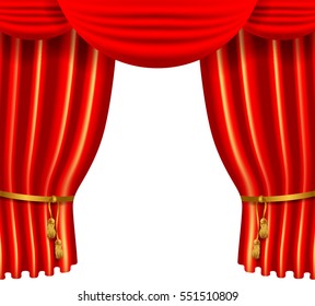 3d red luxury silk curtain, realistic interior decoration velvet draperies, vector illustration isolated on white