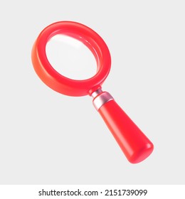 3d red magnifying glass icon isolated on gray background. Render minimal transparent loupe search icon for finding, reading, research, analysis information. 3d cartoon realistic vector