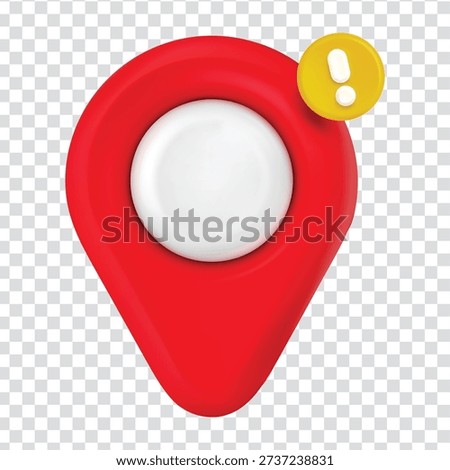 A 3D red map pin icon with a white circle in the center and a yellow exclamation mark on the top right corner, set against a transparent checkered background