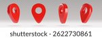 3D red map pointer pin icons set - glossy location markers with transparent shadows isolated on gray background. Shiny drop shaped navigation symbols for GPS, travel, delivery service apps UI design.