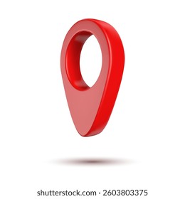 3D red map pointer pin isolated on a white background, smooth, glossy. Ideal for web, app or poster design, geolocation and travel. Vector illustration
