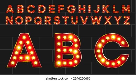 3d red marquee alphabet. Shiny font for Christmas sale promotion. Vector lit letters for circus graphic. Vector typeset for neon title.