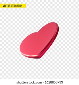 3d red metallic heart. Decorative element for Valentines day, wedding, holiday design. Isolated on transparent background. Vector illustration.