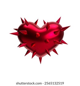 3D red metallic heart with sharp spikes and thorns, glossy chrome surface, isolated vector. Futuristic love symbol for Valentine’s Day, romance, fashion, punk, gothic, and Y2K aesthetics