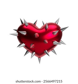 3D red metallic heart with sharp chrome spikes and thorns, glossy surface, isolated vector illustration. Futuristic love symbol for Valentine’s Day, romance, fashion, punk, gothic, and Y2K aesthetics