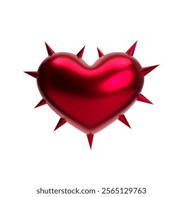 3D red metallic heart with spikes and thorns, glossy chrome surface, isolated vector illustration. Abstract love symbol for Valentine’s Day, punk style, fashion, and Y2K aesthetics