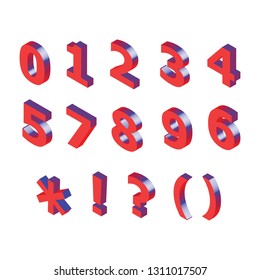 3D Red Metallic Isometric Letter. 0, 1, 2, 3, 4, 5, 6, 7, 8, 9 numeral alphabet. Vector Isolated Number