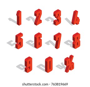 Letra isométrica metálica roja 3D. 0, 1, 2, 3, 4, 5, 6, 7, 8, 9 alfabeto numérico. Número aislado del vector.	
