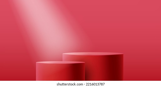 3d red monochrome pedestal illuatration with spotlight