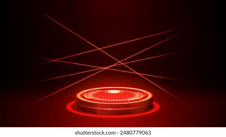 3D Red Neon Light Podium Mockup for Futuristic Product Display. Laser Powered Cyberpunk Sci-Fi Stage Background Vector.