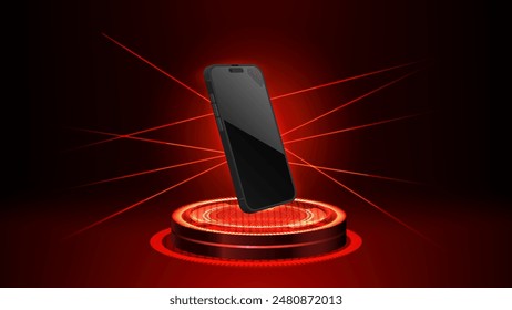 3D Red Neon Light Podium Mockup für Smartphone Display. Futuristische laserbetriebene Cyberpunk Sci-Fi Stage. Vektorgrafik.