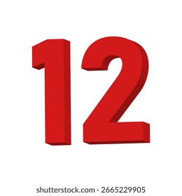 3D Red Number 12 Text Vector on White Background