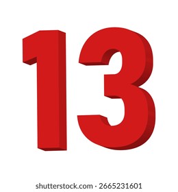 3D Red Number 13 Text Vector on White Background
