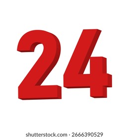 Vector de texto del número 24 rojo 3D sobre fondo blanco
