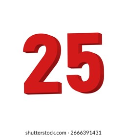 Vector de texto del número 25 rojo 3D sobre fondo blanco
