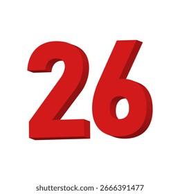 Vector de texto del número 26 rojo 3D sobre fondo blanco

