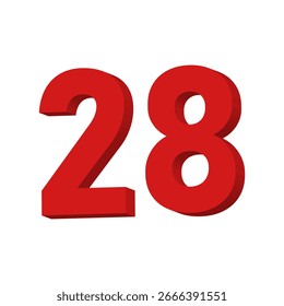 Vetor de texto número 28 vermelho 3D no plano de fundo branco
