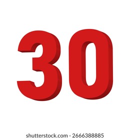 3D Red Number 30 Text Vector on White Background