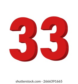 Vetor de texto número 33 vermelho 3D no plano de fundo branco
