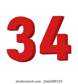  Vector de texto del número 34 rojo 3D sobre fondo blanco
