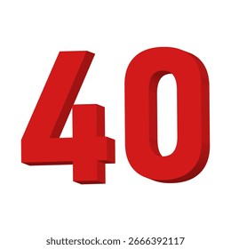 3D Red Number 40 Text Vector on White Background
