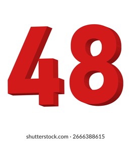 Vector de texto del número 48 rojo 3D sobre fondo blanco