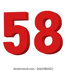 3D Red Number 58 Text Vector on White Background