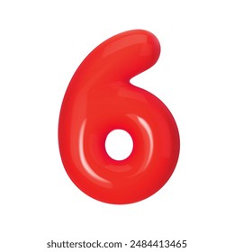 3D red number 6 isolated on white background. Three-dimensional Vector illustration digit six for holidays, birthdays and discounts. Bright and realistic design, perfect for greetings and festivities