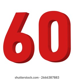 Vector de texto del número 60 rojo 3D sobre fondo blanco