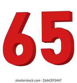 Vector de texto del número 65 rojo 3D sobre fondo blanco
