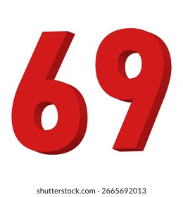 Vector de texto del número 69 rojo 3D sobre fondo blanco
