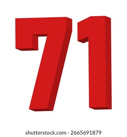 Vector de texto del número 71 rojo 3D sobre fondo blanco
