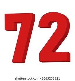 3D Red Number 72 Text Vector on White Background