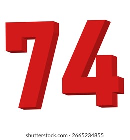 Número Vermelho 3D 74 Vetor de Texto no Plano de Fundo Branco