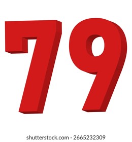 Vetor de texto número 79 vermelho 3D no plano de fundo branco