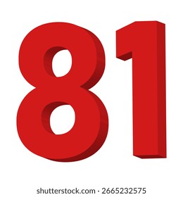 Vector de texto del número 81 rojo 3D sobre fondo blanco