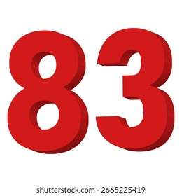 Vector de texto del número 83 rojo 3D sobre fondo blanco