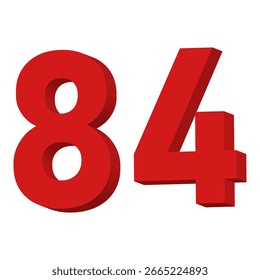 Vector de texto del número 84 rojo 3D sobre fondo blanco