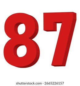 3D Red Number 87 Textvektor auf weißem Hintergrund