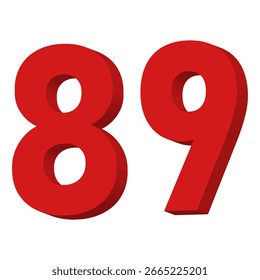 3D Red Number 89 Textvektor auf weißem Hintergrund