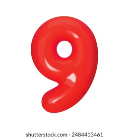 3D red number 9 isolated on white background. Three-dimensional Vector illustration digit nine for holidays, birthdays and discounts. Bright and realistic design, perfect for greetings and festivities
