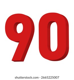 Vector de texto del número 90 rojo 3D sobre fondo blanco