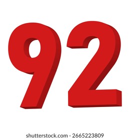 Vetor de Texto Número 92 Vermelho 3D no Plano de Fundo Branco

