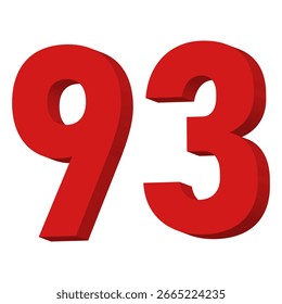 Vector de texto del número 93 rojo 3D sobre fondo blanco