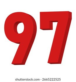 Vector de texto del número 97 rojo 3D sobre fondo blanco

