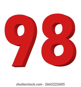 3D Red Number 98 Textvektor auf weißem Hintergrund