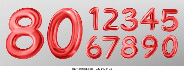 3d red numbers font for birthday or anniversary celebration, sale banner. Glossy metal balloons of 3d digits, vector realistic illustration isolated on transparent background